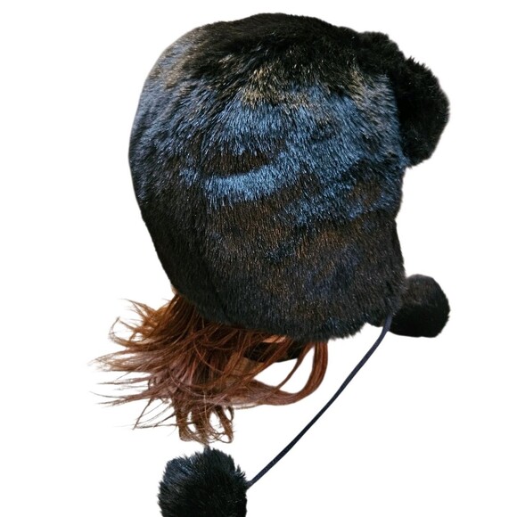 Victoria\'s Secret PINK Faux Fur Trapper Hat Black With Pom Pom Ties Ear Flaps